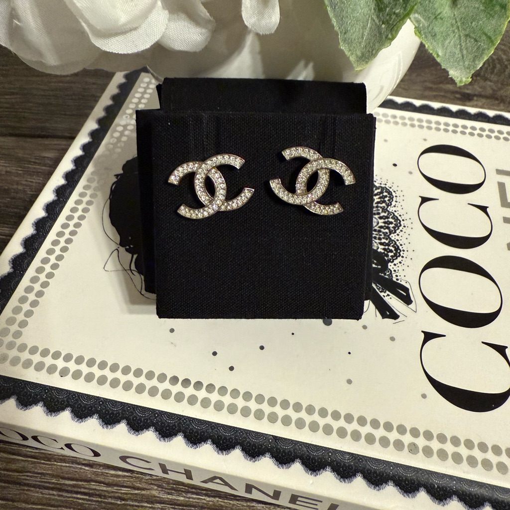 Chanel Classic Silver Crystal Cc Earrings